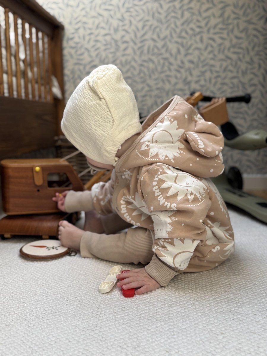 Soft Cotton Eared Jumpsuit for Babies & Kids (Beige Suns) - Tiny Tugz™