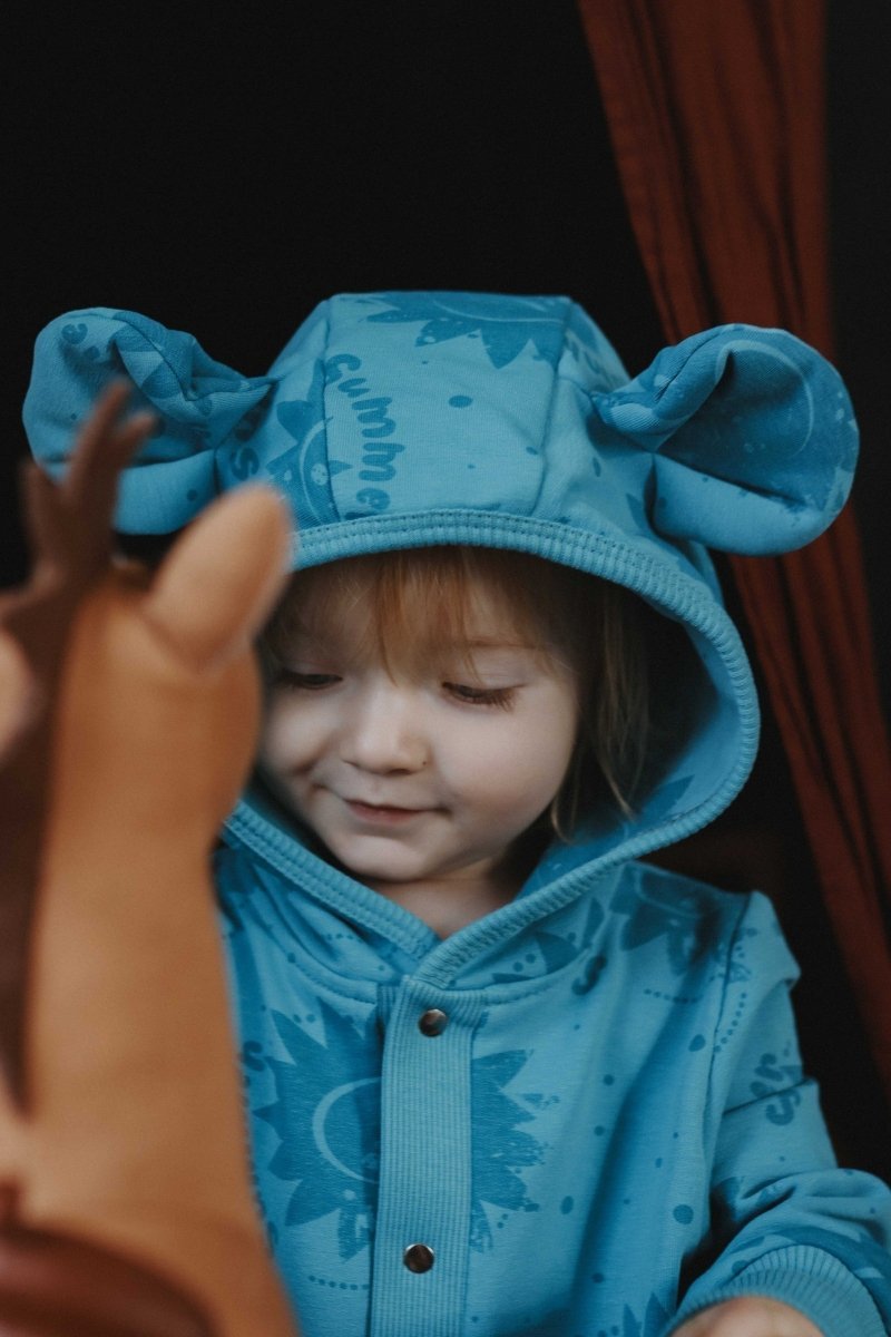 Soft Cotton Eared Jumpsuit for Babies & Kids (Blue Suns) - Tiny Tugz™