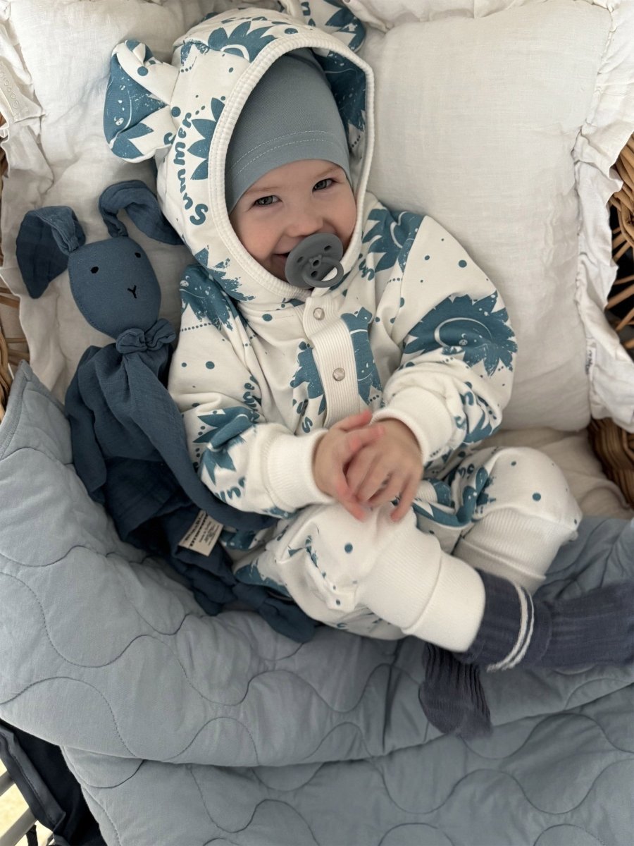Soft Cotton Eared Jumpsuit for Babies & Kids (Ecru Suns) - Tiny Tugz™