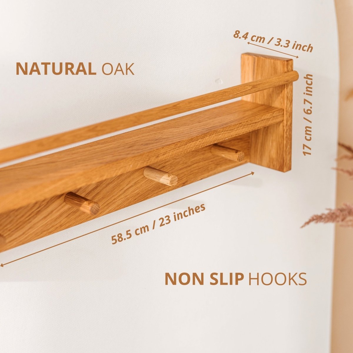 Solid Oak Kids Bookshelf with Rail & 4 Hooks - 58.5 cm - Tiny Tugz™