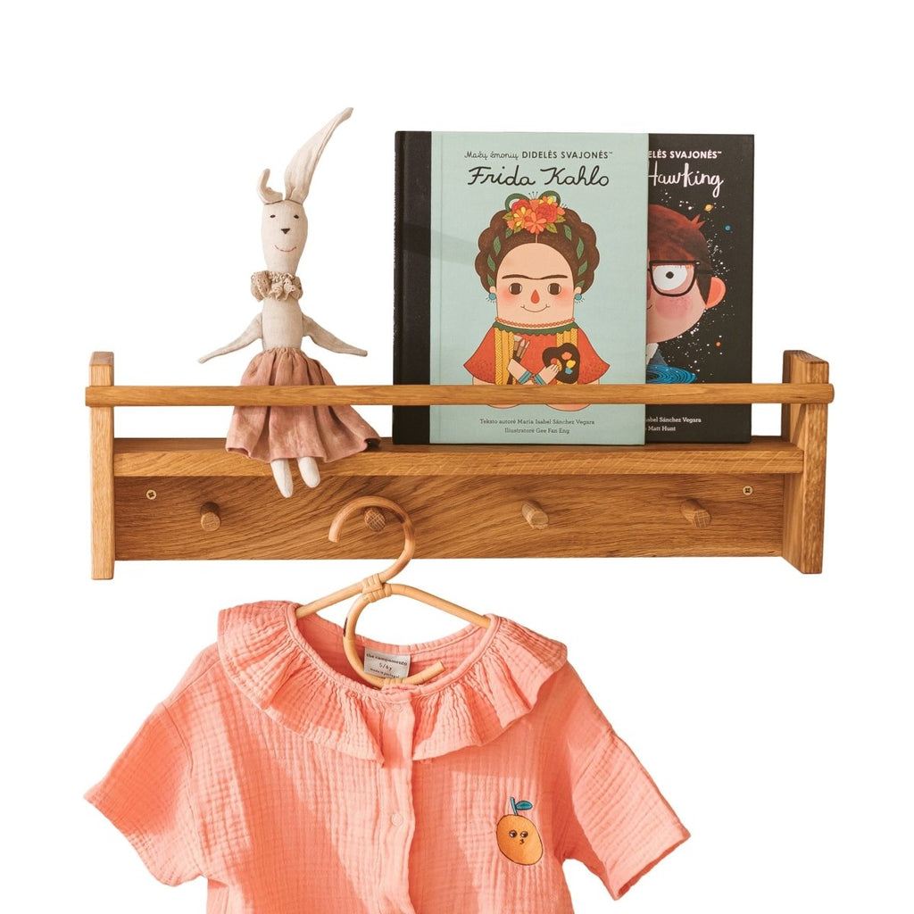 Solid Oak Kids Bookshelf with Rail & 4 Hooks - 58.5 cm - Tiny Tugz™