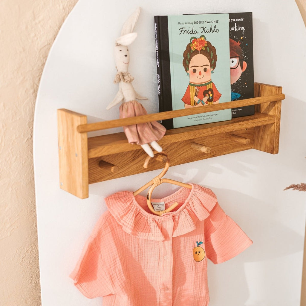 Solid Oak Kids Bookshelf with Rail & 4 Hooks - 58.5 cm - Tiny Tugz™