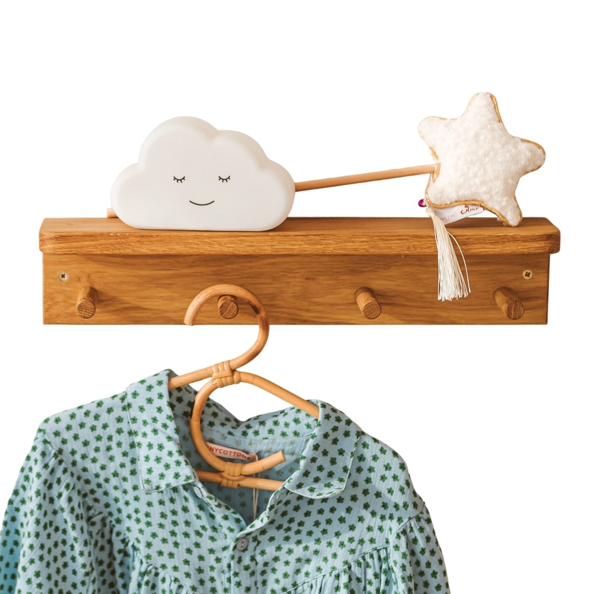 Solid Oak Wall Shelf with 4 Coat Hooks - 42 cm - Tiny Tugz™