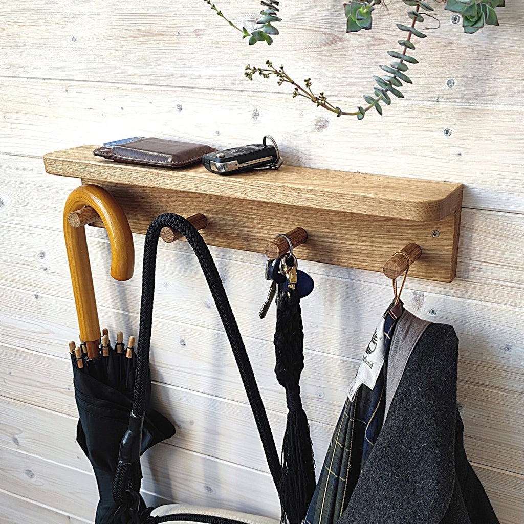 Solid Oak Wall Shelf with 4 Coat Hooks - 42 cm - Tiny Tugz™