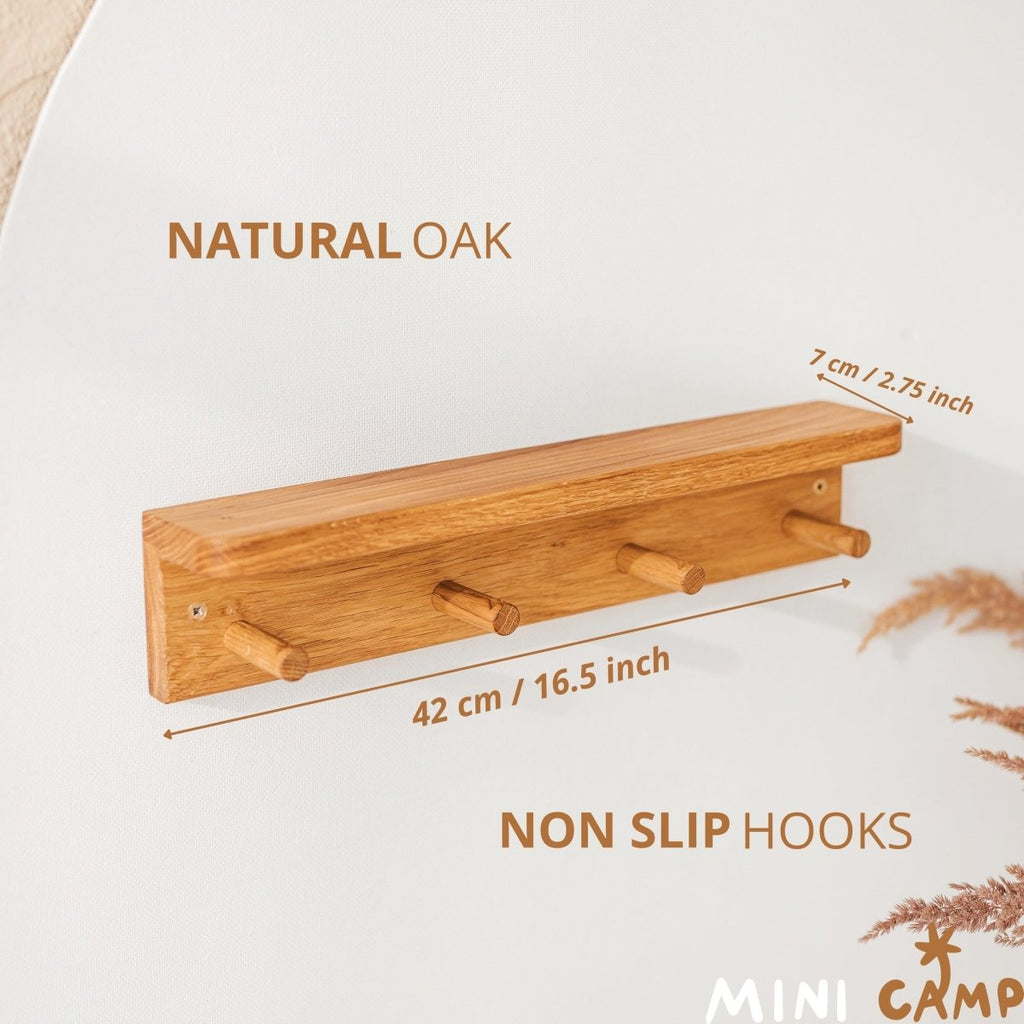 Solid Oak Wall Shelf with 4 Coat Hooks - 42 cm - Tiny Tugz™