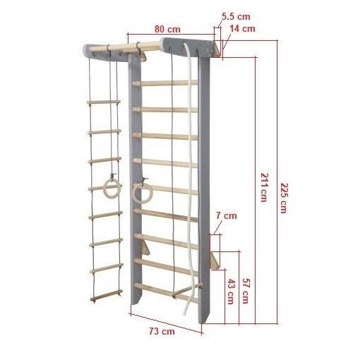 Sportbaby Standard Grey 2 Wooden Wall Bars with Pull-Up Bar & Rope Accessories - Tiny Tugz™