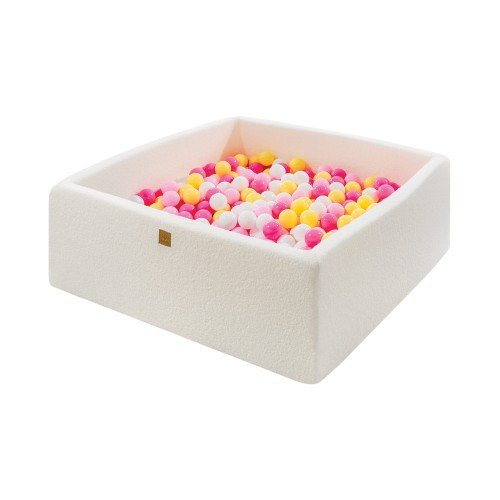 Square Bouclé Foam Ball Pit with 400 Balls, 110 cm - White, Pink, White & Yellow Balls - Tiny Tugz™