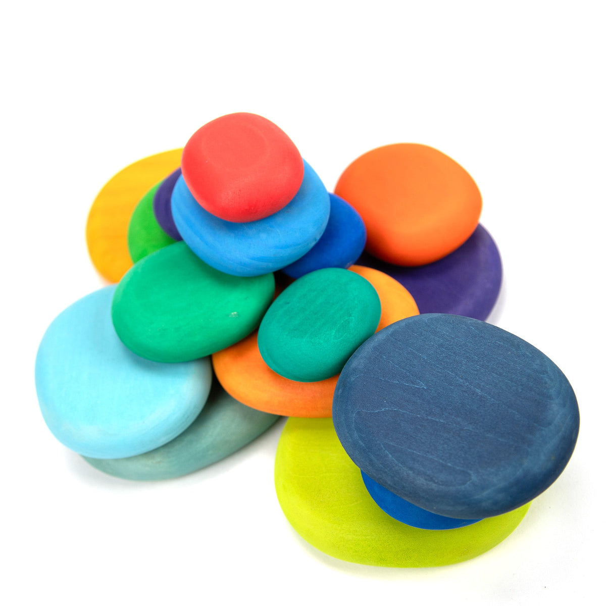 Wooden Toy - Colored Wooden Stacking Stones - 16 Pieces