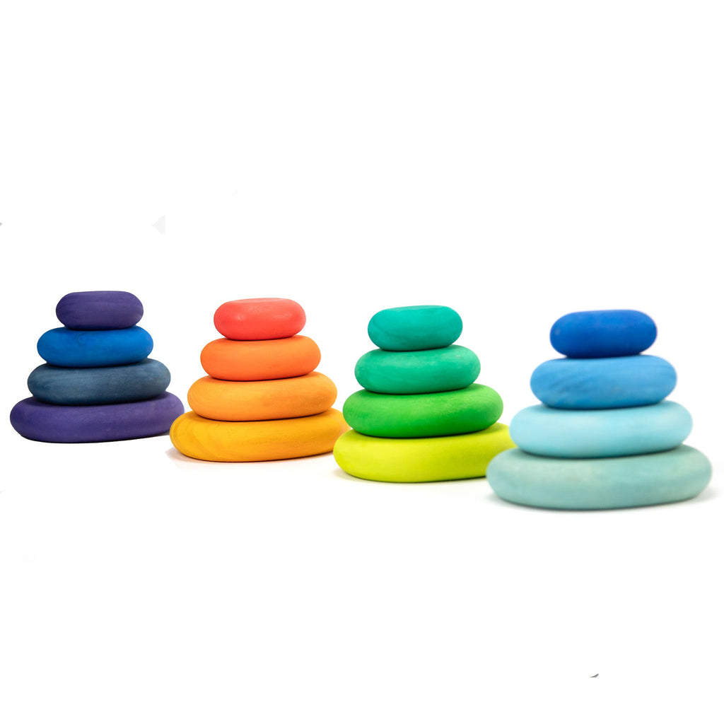 Wooden Toy - Colored Wooden Stacking Stones - 16 Pieces