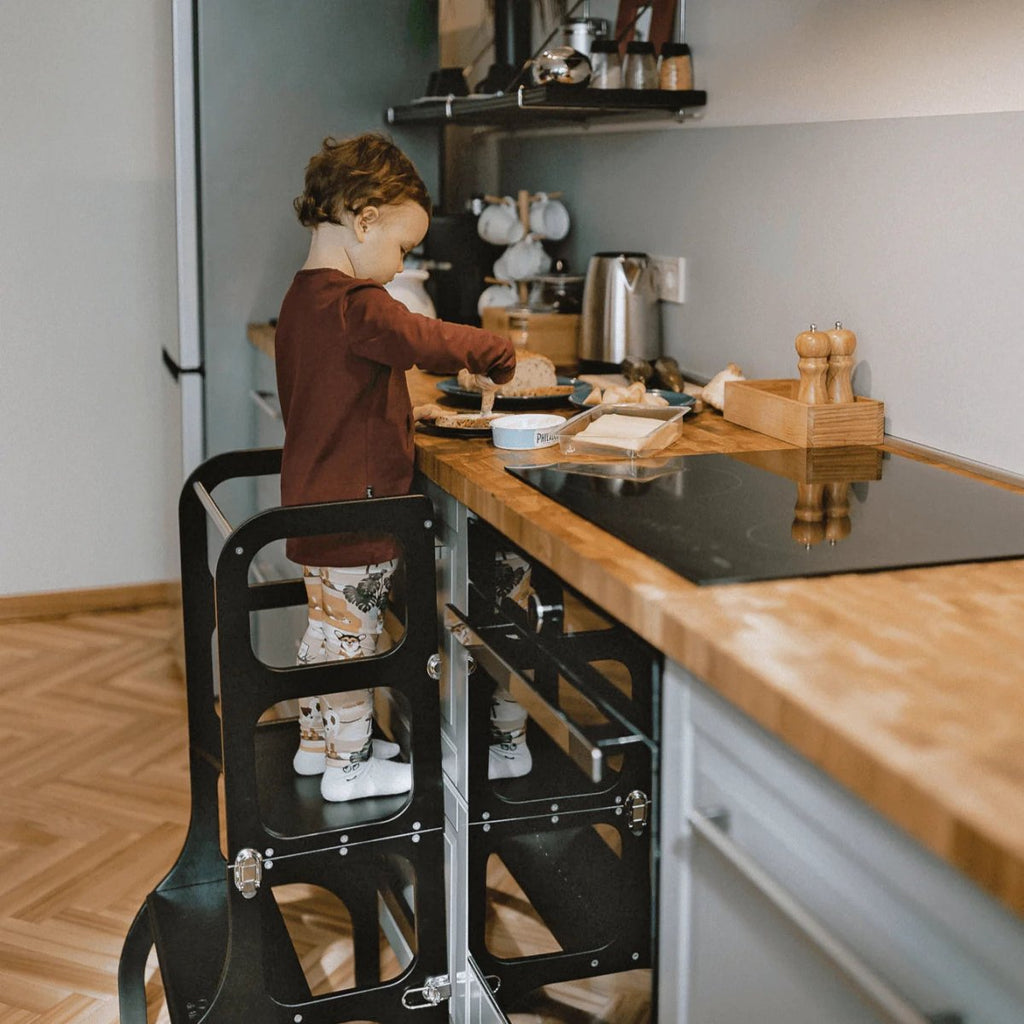 STEP'n'SIT® 2-in-1 Learning Tower & Table with Support Legs - Black - Tiny Tugz™