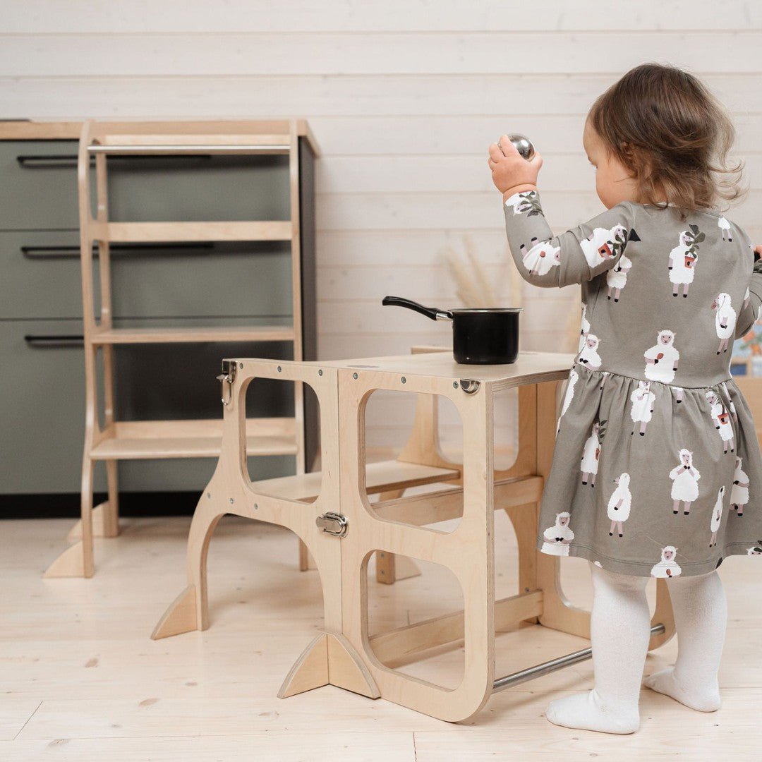 STEP'n'SIT® 2-in-1 Learning Tower & Table with Support Legs - Natural Wood - Tiny Tugz™
