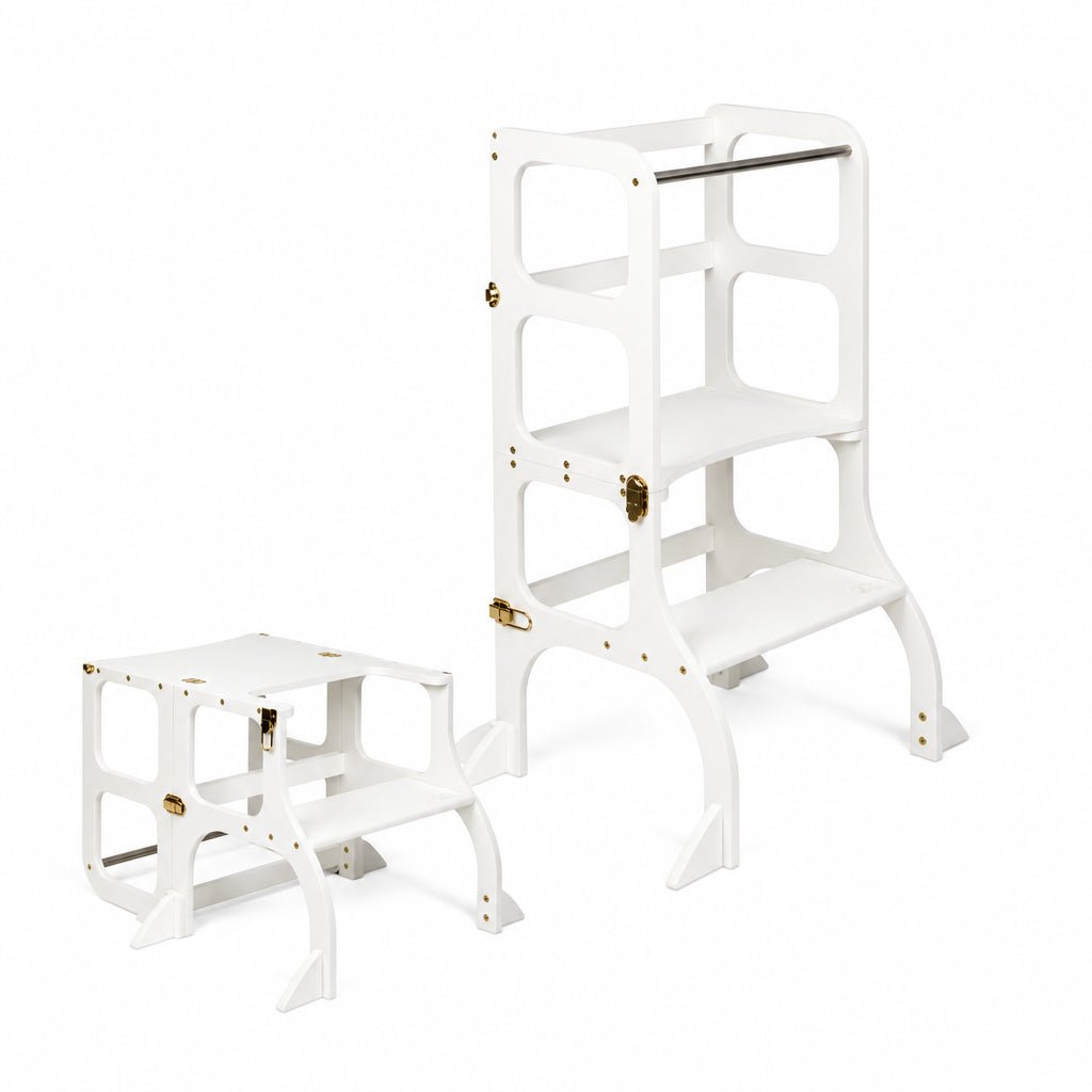STEP'n'SIT® 2-in-1 Learning Tower & Table with Support Legs - White - Tiny Tugz™