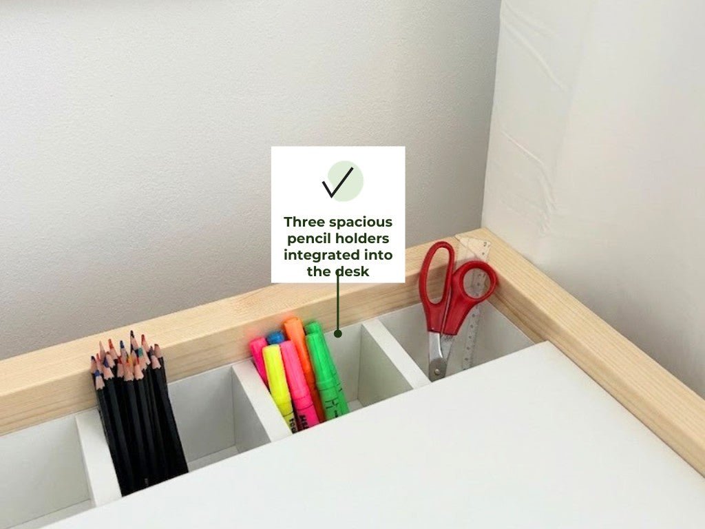 STOLLY Kids' Desk with 3 Drawers & Pencil Holders - 120 cm - Solid Spruce Legs - Tiny Tugz™
