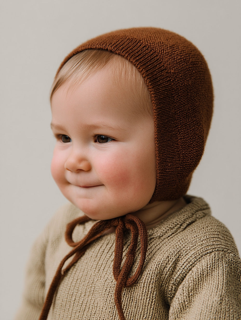 Knitted Wool Baby Bow Hat - Merino Wool - Brunette
