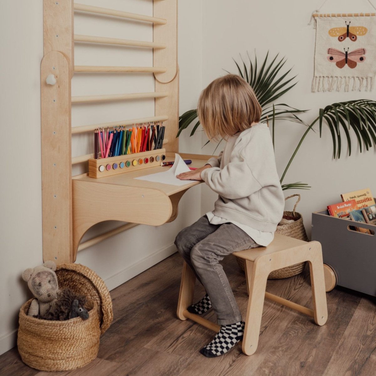 Table & Chair Add-On for 2-in-1 Triangle Climber & Swedish Wall – Natural Wood - Tiny Tugz™