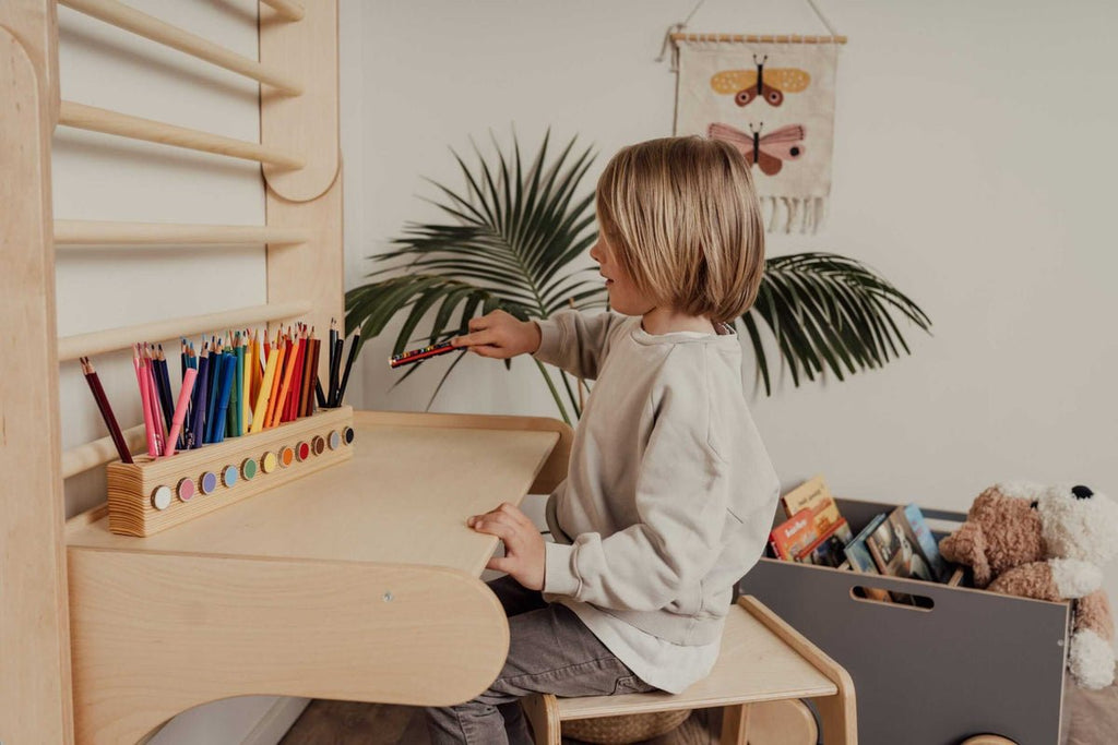 Table & Chair Add-On for 2-in-1 Triangle Climber & Swedish Wall – Natural Wood - Tiny Tugz™