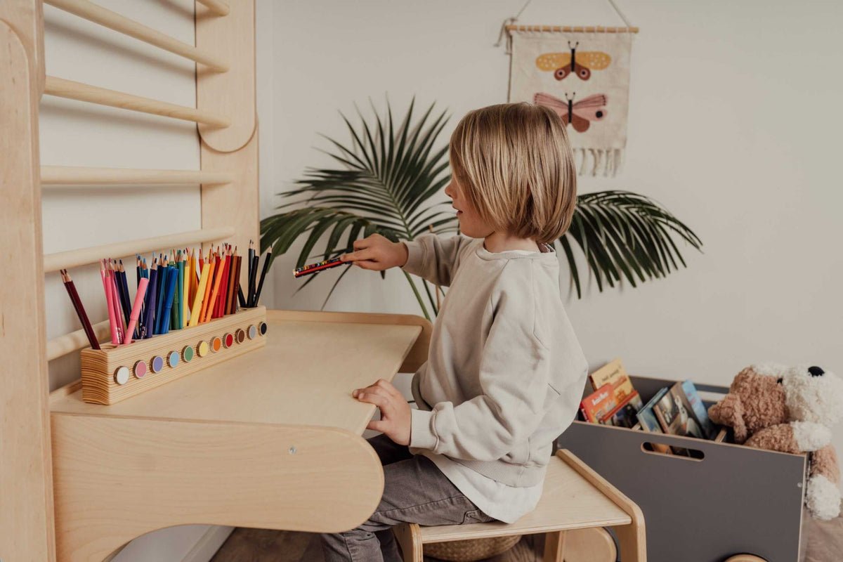 Table & Chair Add-On for 2-in-1 Triangle Climber & Swedish Wall – Natural Wood - Tiny Tugz™