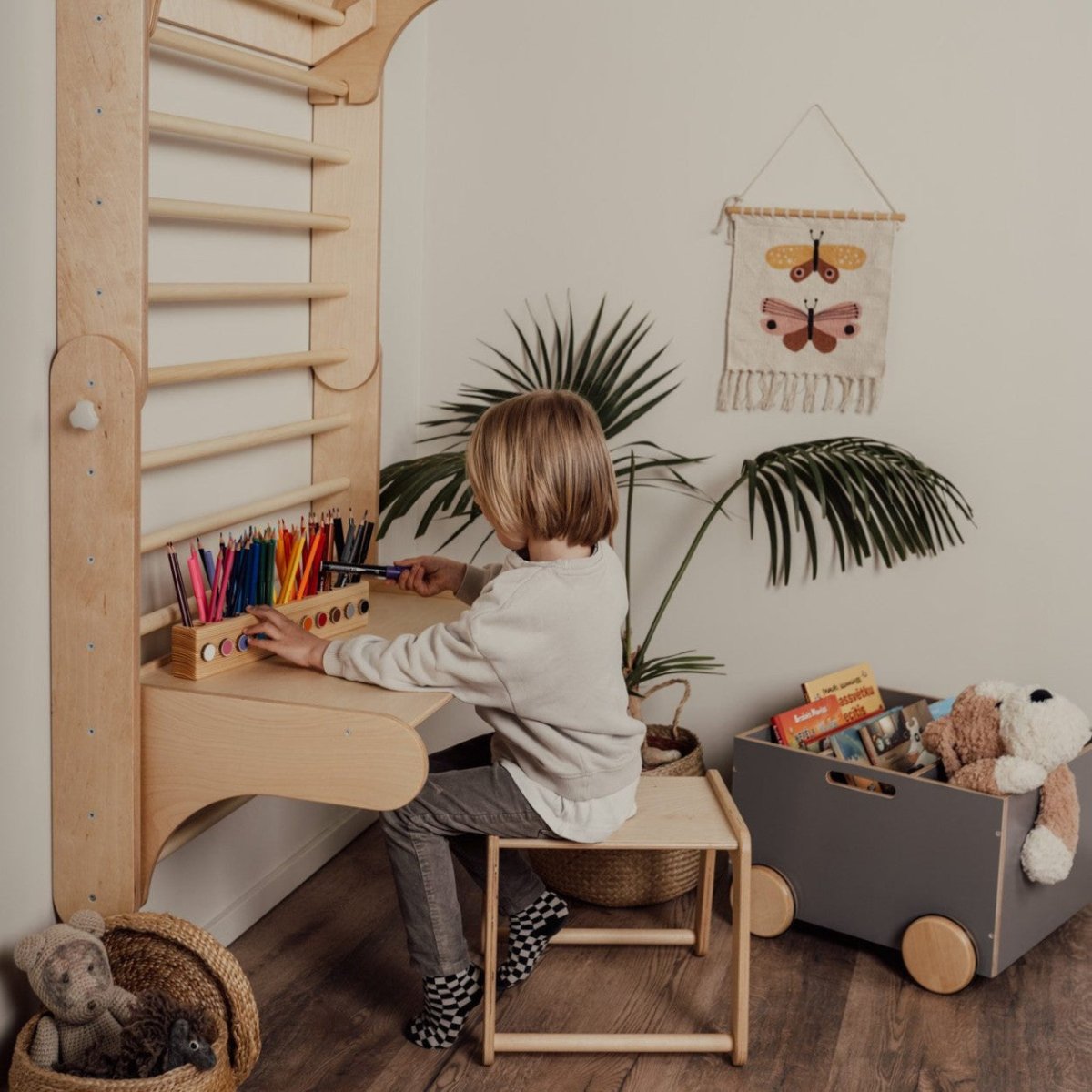 Table & Chair Add-On for 2-in-1 Triangle Climber & Swedish Wall – Natural Wood - Tiny Tugz™