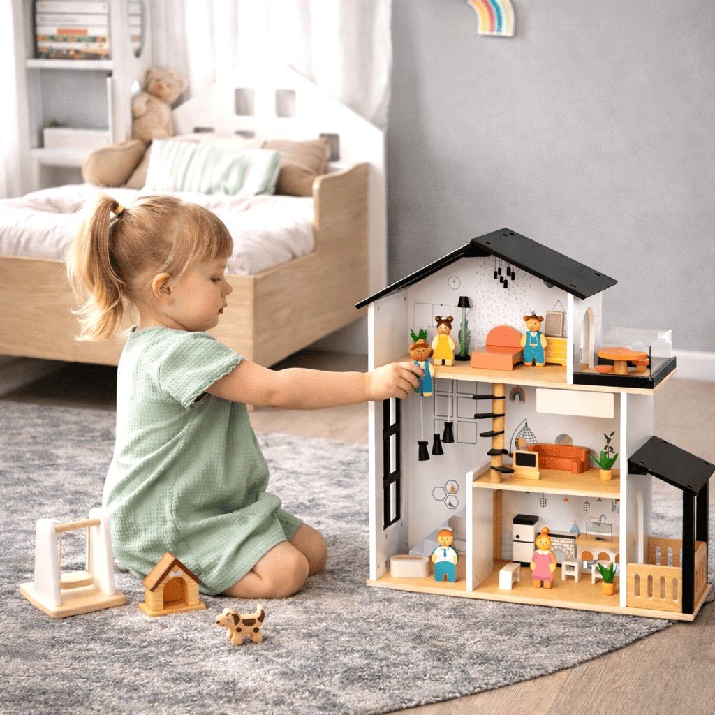 Three-Storey Wooden Dollhouse – NORDI, Open Play Design - Tiny Tugz™