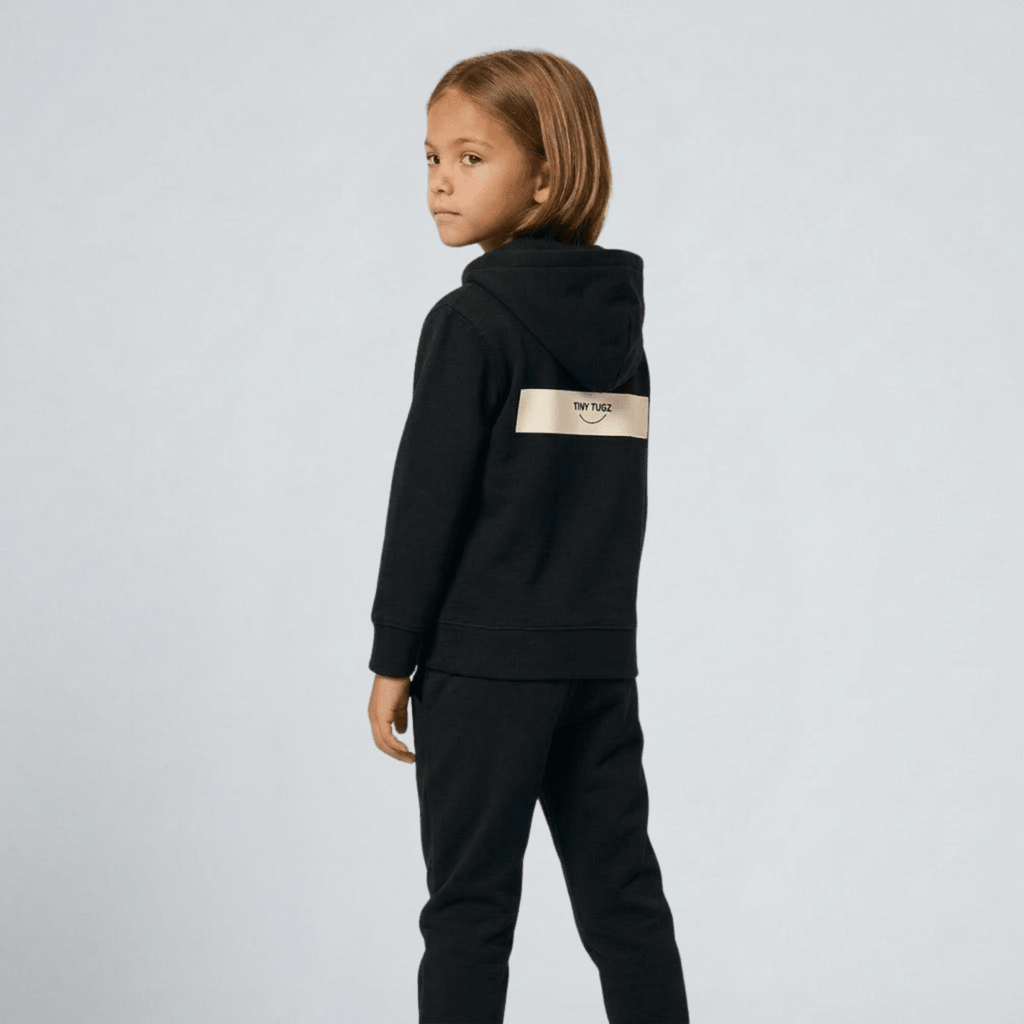 Tiny Tugz™ 100% Organic Cotton Kids Tracksuit – Stripe Logo – Black - Tiny Tugz™