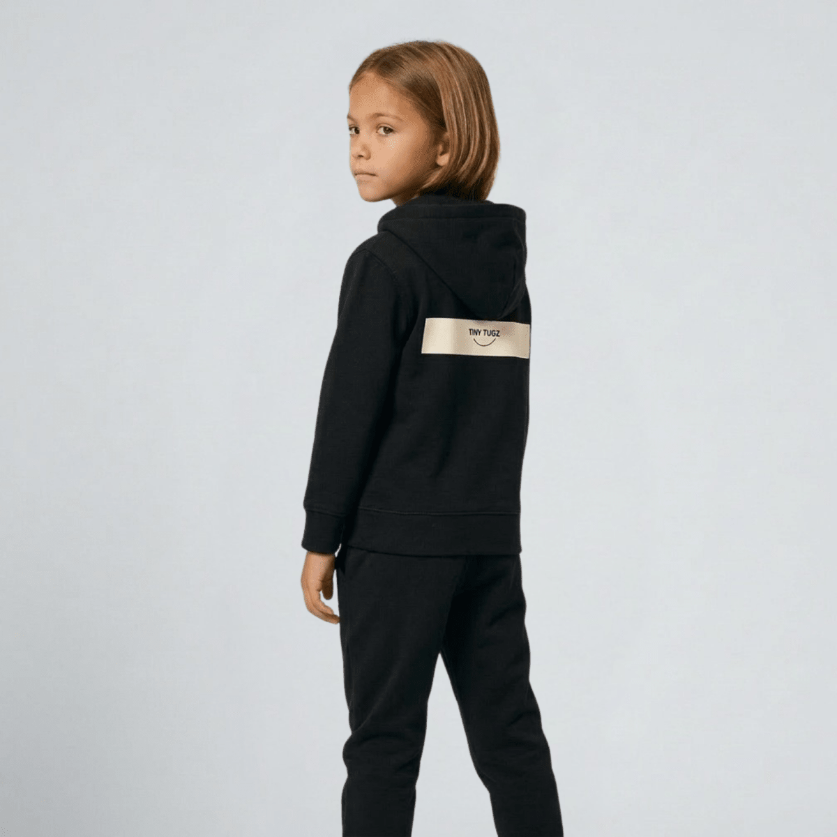 Tiny Tugz™ 100% Organic Cotton Kids Tracksuit – Stripe Logo – Black - Tiny Tugz™