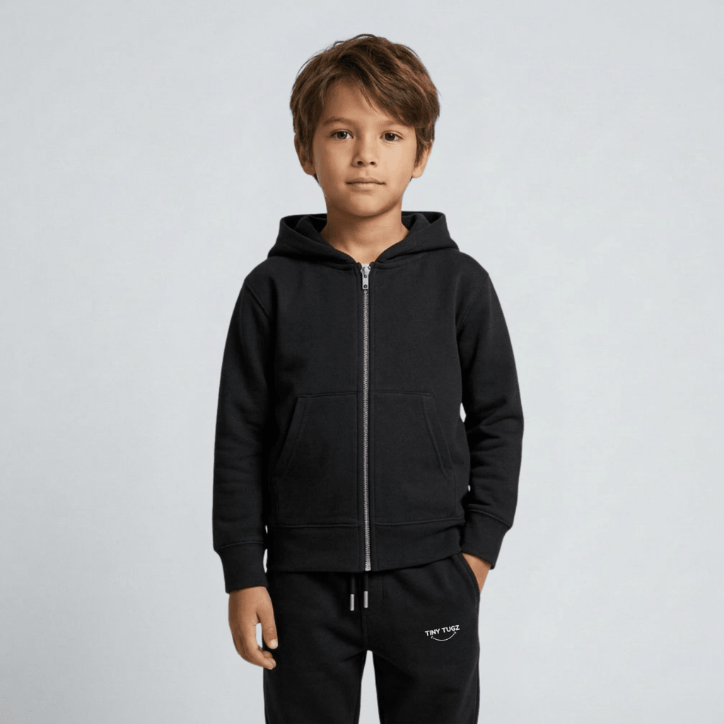 Tiny Tugz™ 100% Organic Cotton Kids Tracksuit – Stripe Logo – Black - Tiny Tugz™