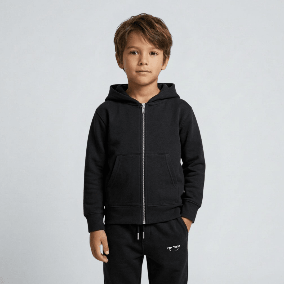 Tiny Tugz™ 100% Organic Cotton Kids Tracksuit – Stripe Logo – Black - Tiny Tugz™