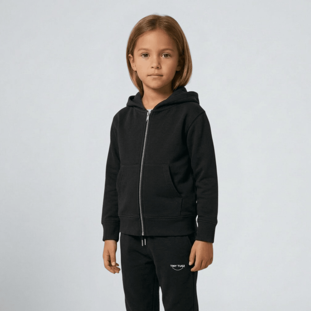 Tiny Tugz™ 100% Organic Cotton Kids Tracksuit – Stripe Logo – Black - Tiny Tugz™