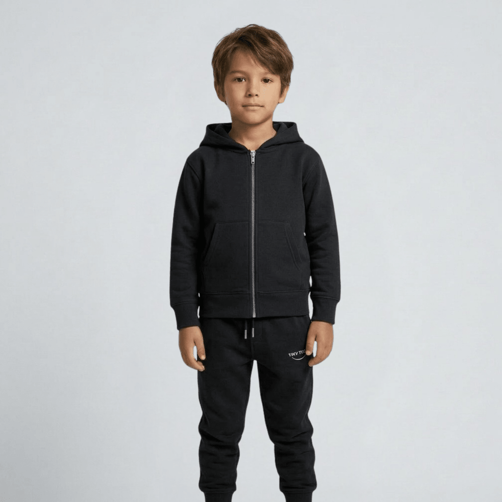 Tiny Tugz™ 100% Organic Cotton Kids Tracksuit – Stripe Logo – Black - Tiny Tugz™