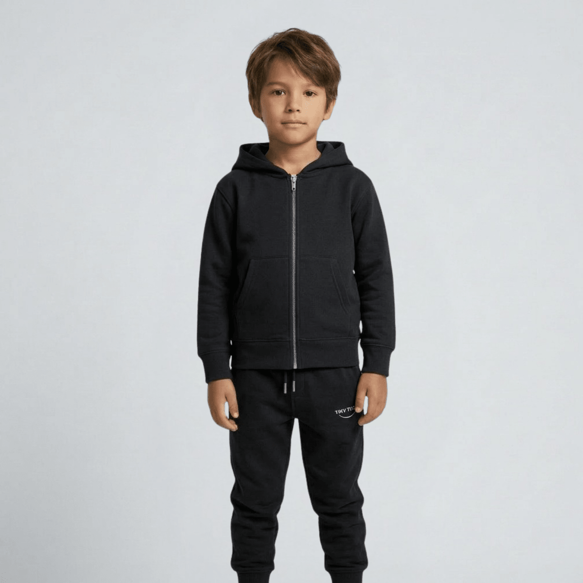 Tiny Tugz™ 100% Organic Cotton Kids Tracksuit – Stripe Logo – Black - Tiny Tugz™