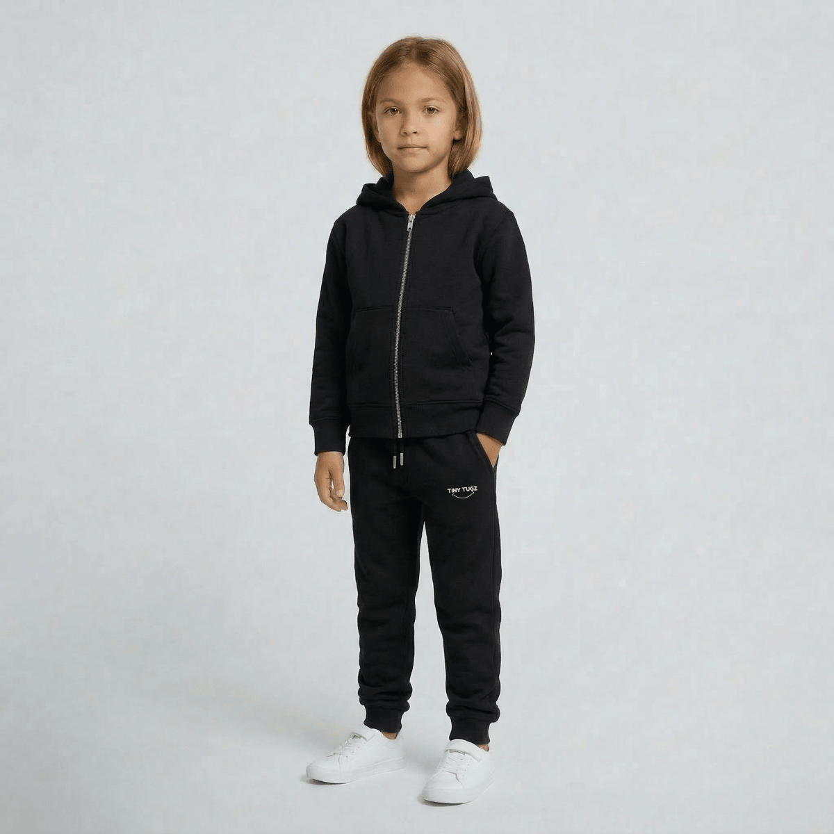 Tiny Tugz™ 100% Organic Cotton Kids Tracksuit – Stripe Logo – Black - Tiny Tugz™