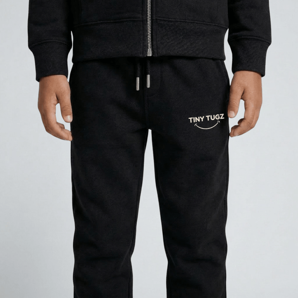Tiny Tugz™ 100% Organic Cotton Kids Tracksuit – Stripe Logo – Black - Tiny Tugz™