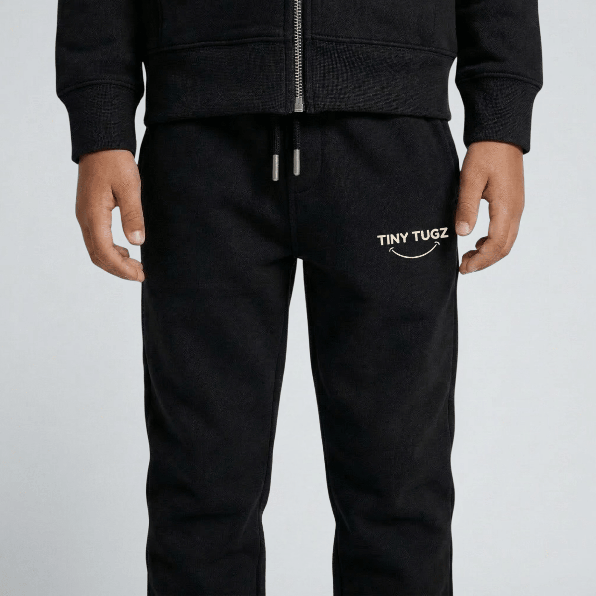 Tiny Tugz™ 100% Organic Cotton Kids Tracksuit – Stripe Logo – Black - Tiny Tugz™