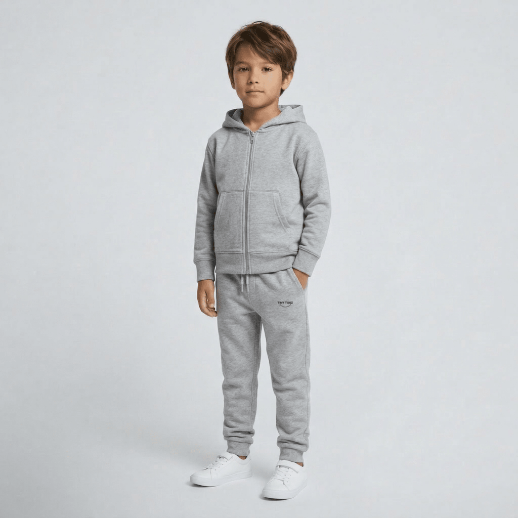 Tiny Tugz™ 100% Organic Cotton Kids Tracksuit – Stripe Logo – Grey - Tiny Tugz™