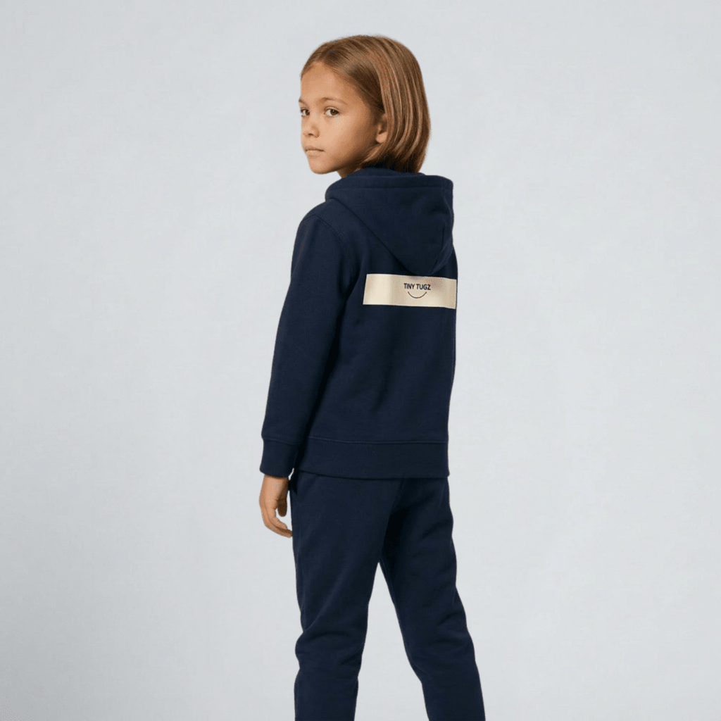 Tiny Tugz™ 100% Organic Cotton Kids Tracksuit – Stripe Logo – Navy - Tiny Tugz™