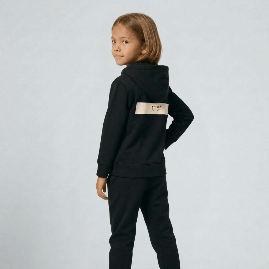 Tiny Tugz™ 100% Organic Cotton Kids Zip Hoodie – Stripe Logo – Black - Tiny Tugz™