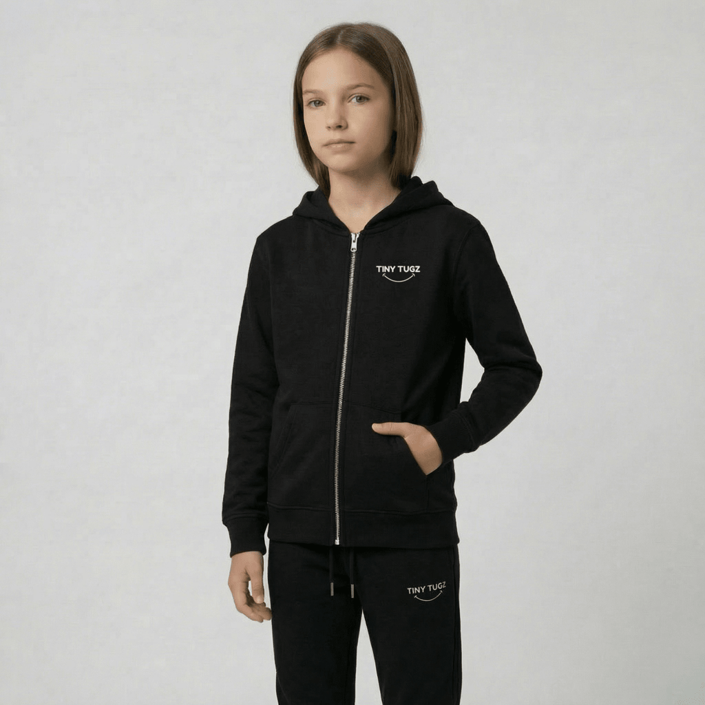 Tiny Tugz™ 100% Organic Cotton Teen Tracksuit – Stripe Logo – Black - Tiny Tugz™