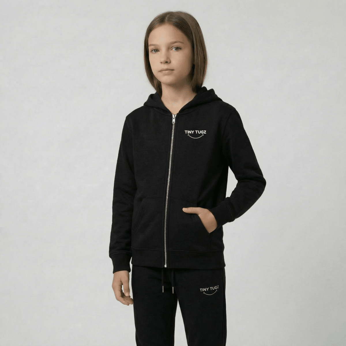 Tiny Tugz™ 100% Organic Cotton Teen Tracksuit – Stripe Logo – Black - Tiny Tugz™