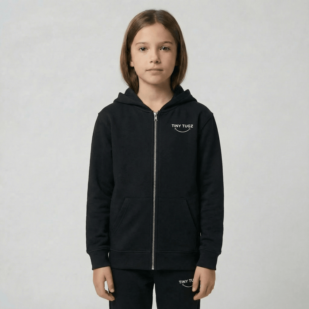 Tiny Tugz™ 100% Organic Cotton Teen Tracksuit – Stripe Logo – Black - Tiny Tugz™