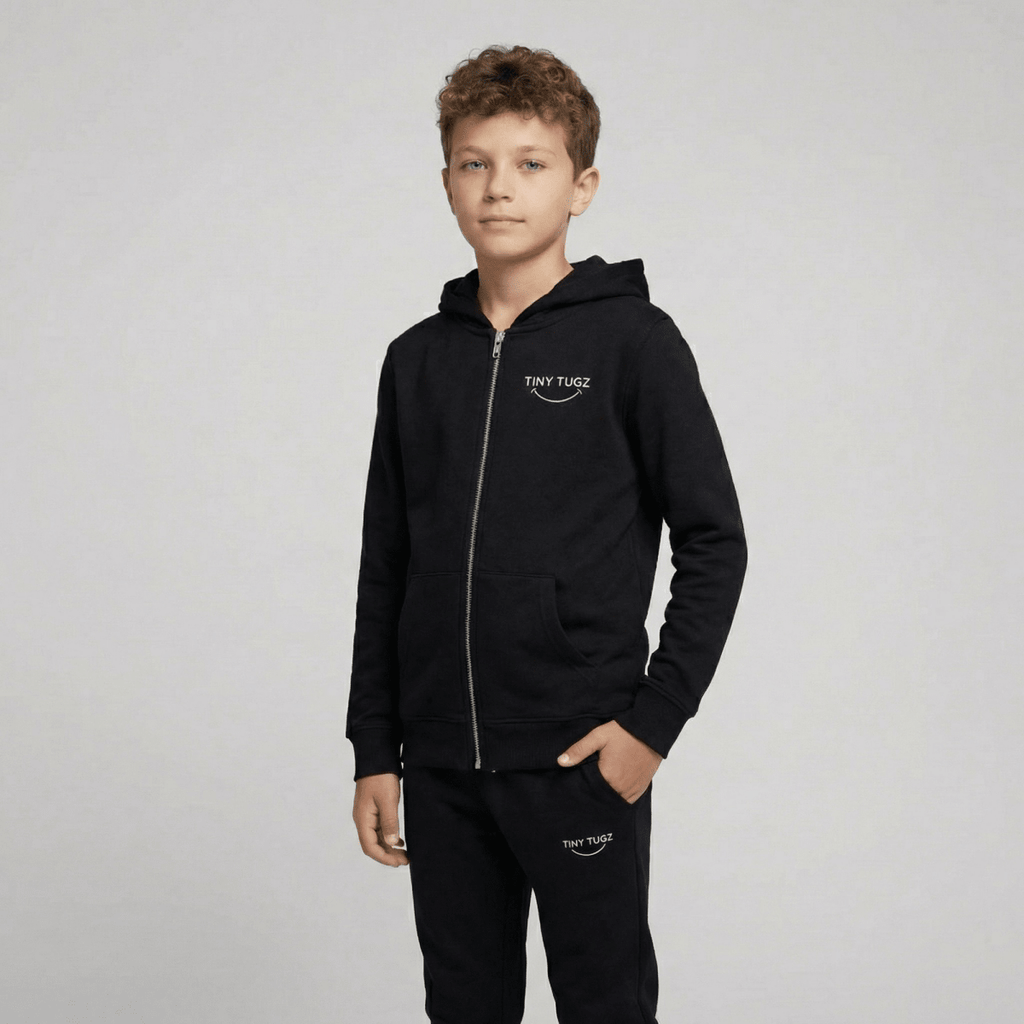 Tiny Tugz™ 100% Organic Cotton Teen Tracksuit – Stripe Logo – Black - Tiny Tugz™