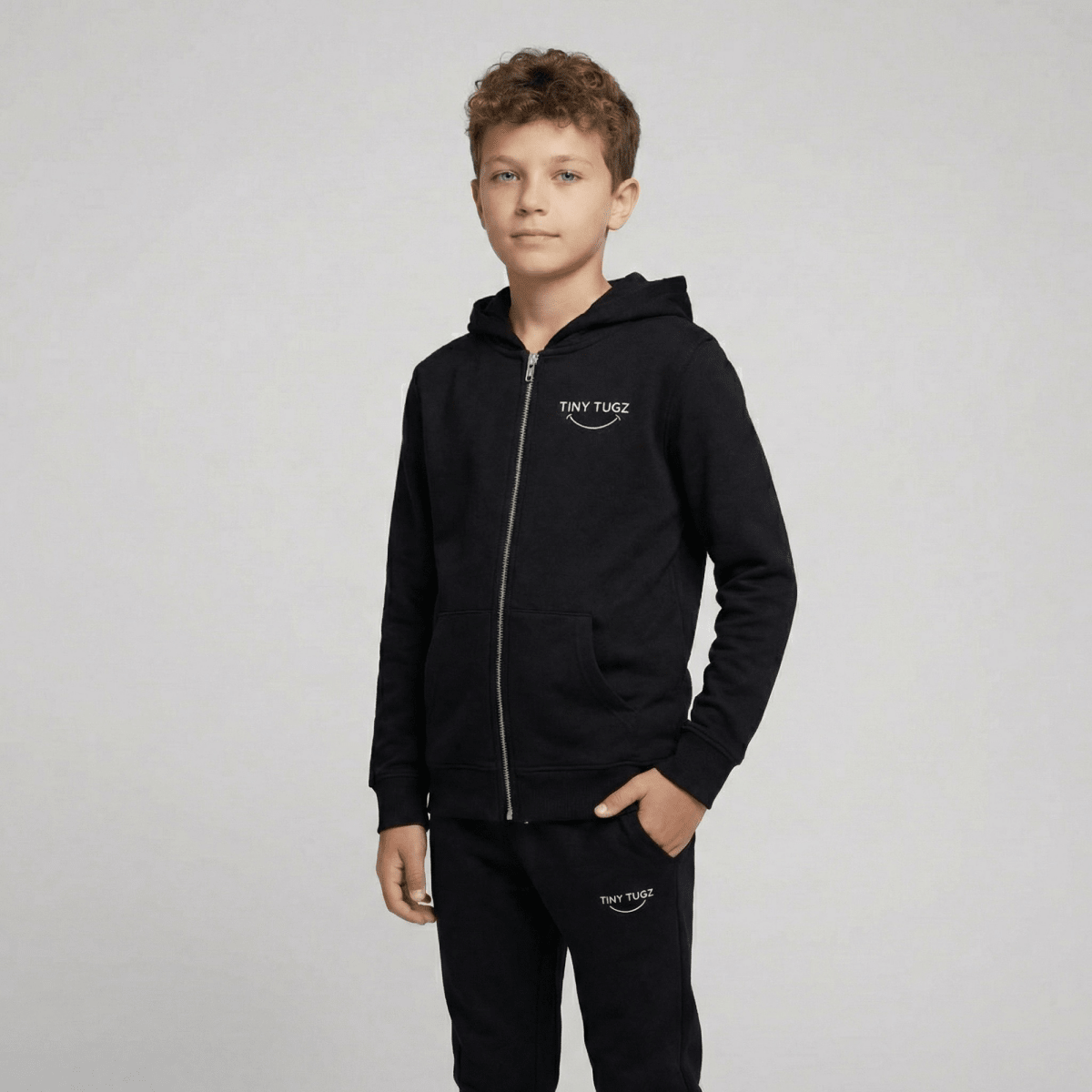 Tiny Tugz™ 100% Organic Cotton Teen Tracksuit – Stripe Logo – Black - Tiny Tugz™