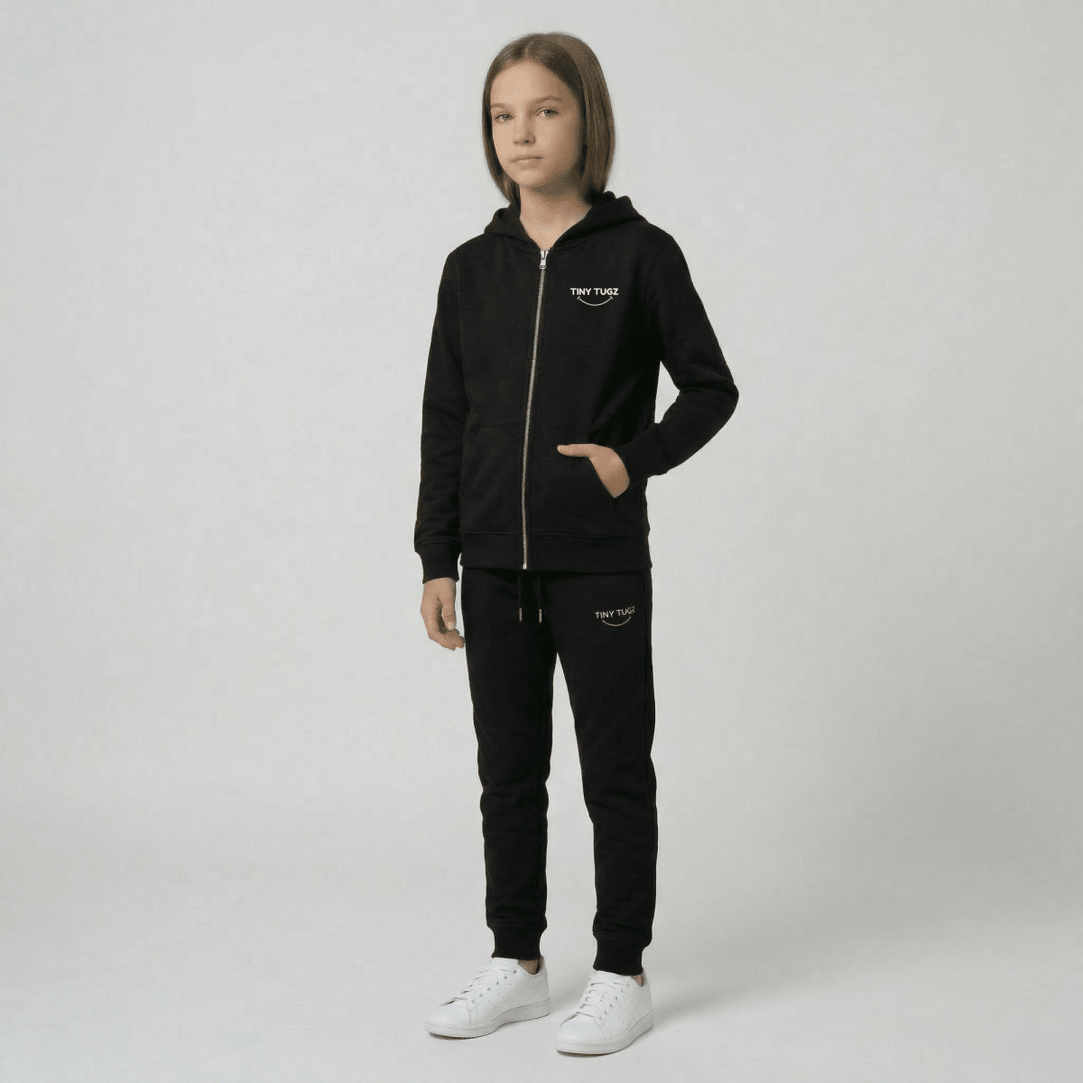 Tiny Tugz™ 100% Organic Cotton Teen Tracksuit – Stripe Logo – Black - Tiny Tugz™