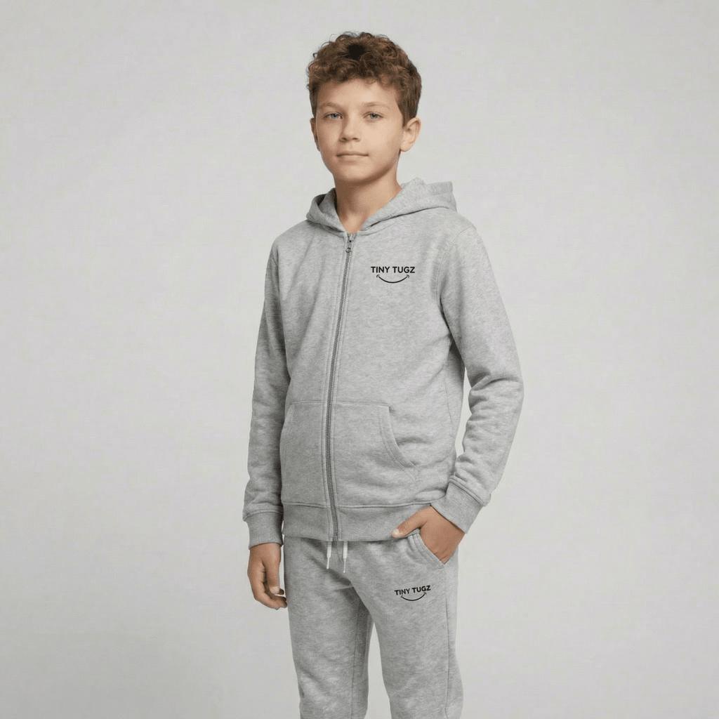 Tiny Tugz™ 100% Organic Cotton Teen Tracksuit – Stripe Logo – Grey - Tiny Tugz™