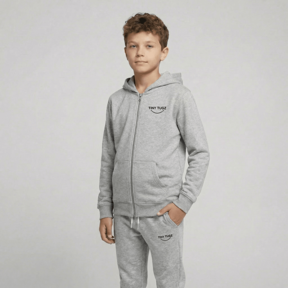 Tiny Tugz™ 100% Organic Cotton Teen Tracksuit – Stripe Logo – Grey - Tiny Tugz™