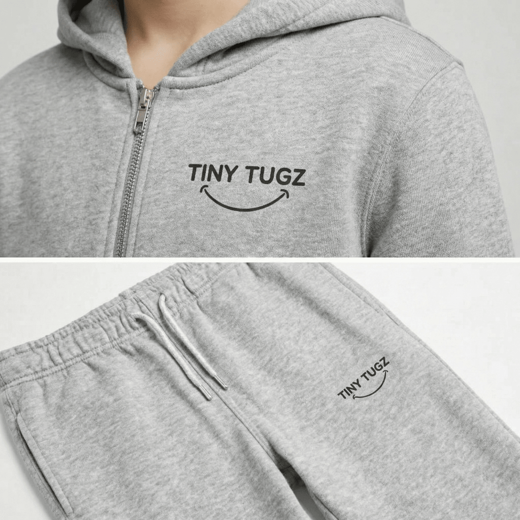 Tiny Tugz™ 100% Organic Cotton Teen Tracksuit – Stripe Logo – Grey - Tiny Tugz™