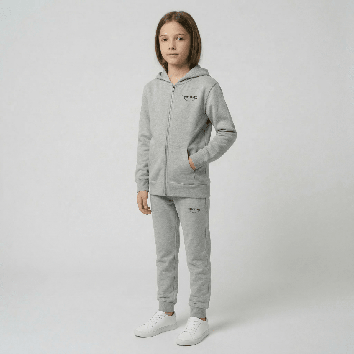 Tiny Tugz™ 100% Organic Cotton Teen Tracksuit – Stripe Logo – Grey - Tiny Tugz™