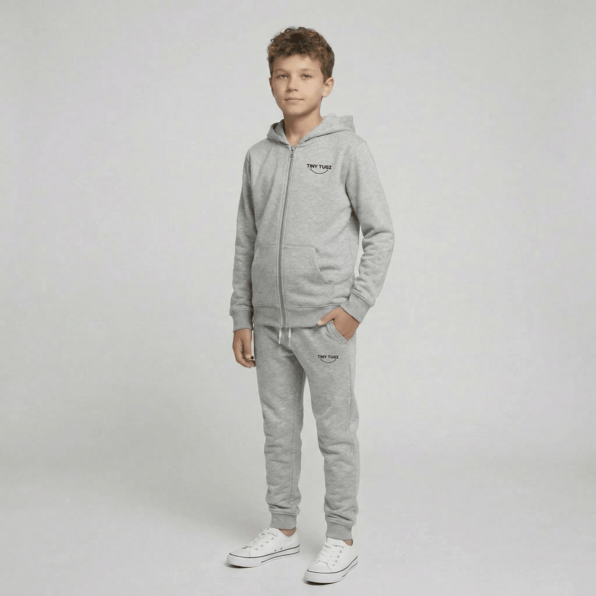 Tiny Tugz™ 100% Organic Cotton Teen Tracksuit – Stripe Logo – Grey - Tiny Tugz™