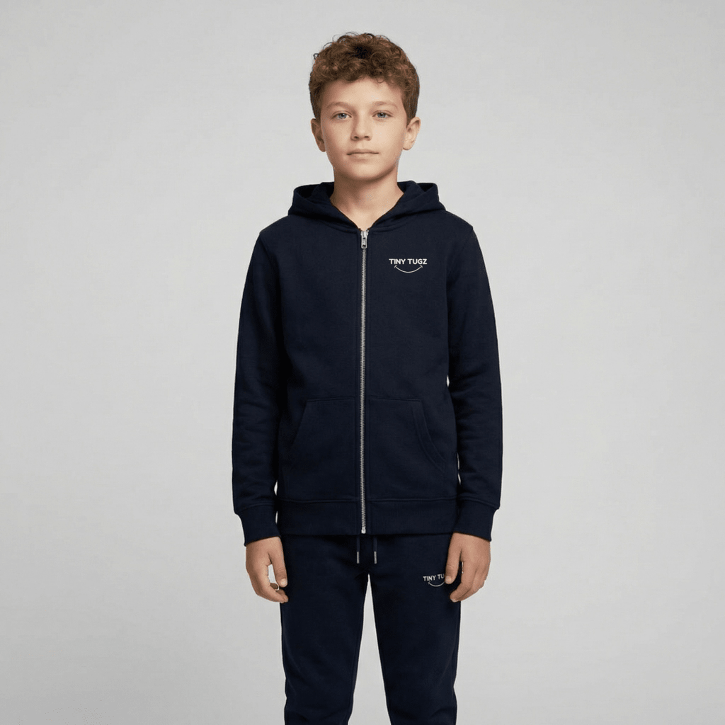Tiny Tugz™ 100% Organic Cotton Teen Tracksuit – Stripe Logo – Navy - Tiny Tugz™