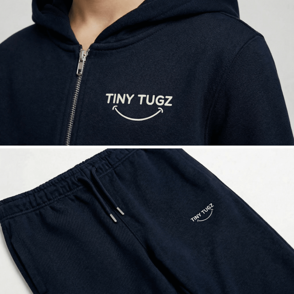 Tiny Tugz™ 100% Organic Cotton Teen Tracksuit – Stripe Logo – Navy - Tiny Tugz™