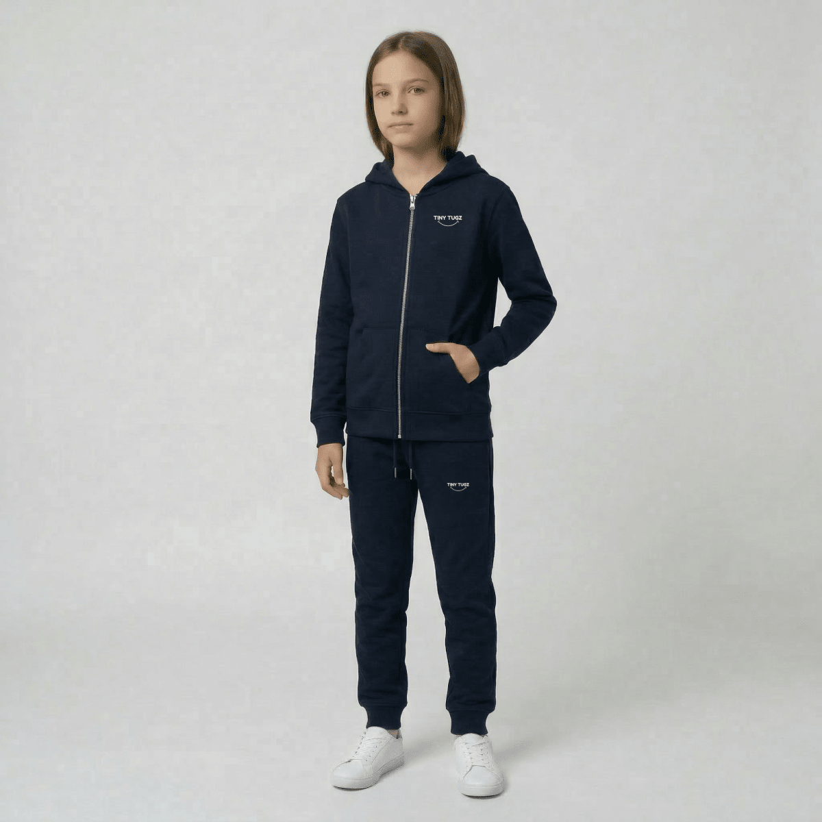 Tiny Tugz™ 100% Organic Cotton Teen Tracksuit – Stripe Logo – Navy - Tiny Tugz™